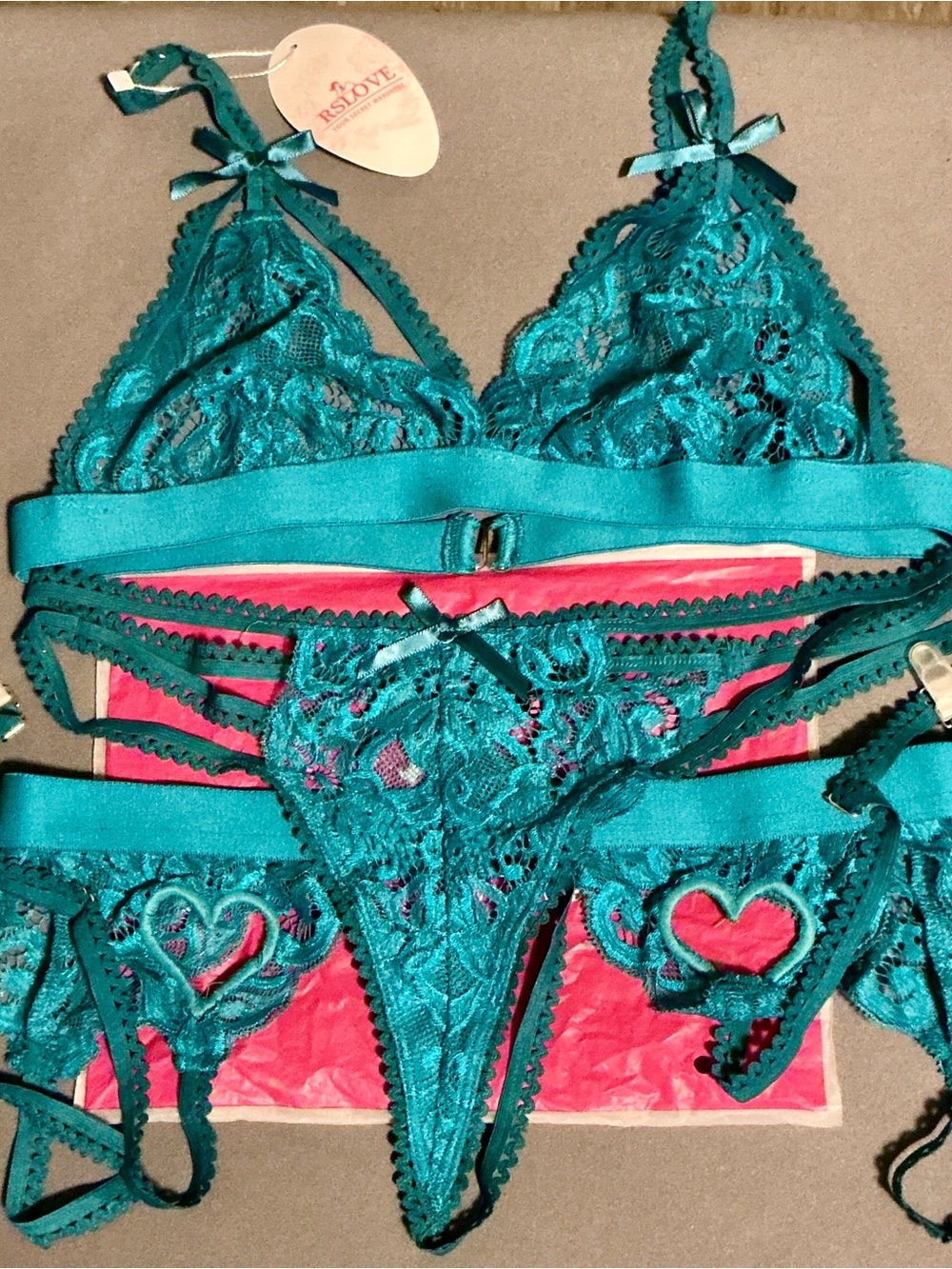 3 piece Teal Lace Strappy Bralette & Thong Set by RSLOVE Medium